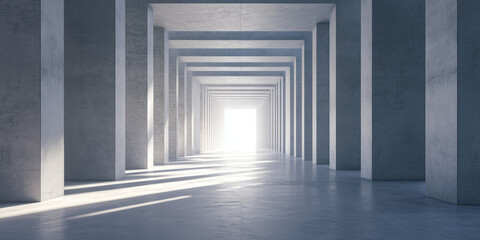 Obraz premium vast, infinite corridor of concrete pillars leading to bright light, creating sense of depth and perspective. minimalist design evokes feelings of tranquility and openness