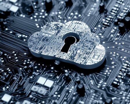 Cloud shaped digital security lock over a circuit board backdrop
