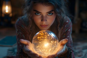 Naklejka premium a woman holding a glowing crystal ball.