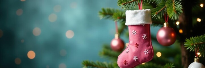 Pink stocking hanging from a festive Christmas tree branch, Ornaments, Holiday Decorations