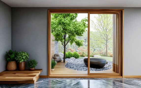 Fototapeta Modern indoor space with a view of a serene garden landscape in natural light