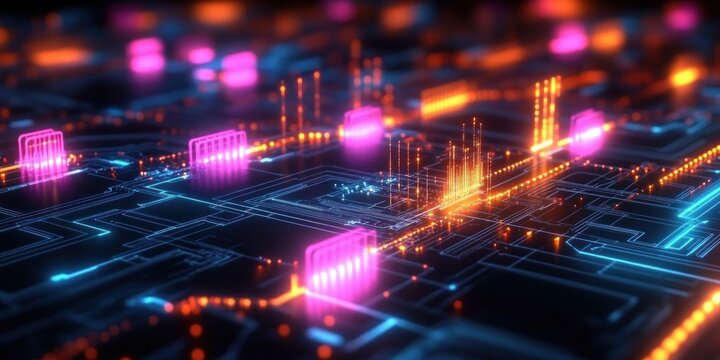 Cyberpunk Data Transmission High Bandwidth Circuit Board Glowing Stream of Information in Neon
