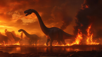 In this image, giant herbivorous dinosaurs roam through fiery landscape, showcasing their majestic presence against dramatic sunset. scene evokes sense of awe and wonder