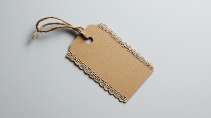 Brown kraft paper tag with lace border and twine string on light background. Perfect for gift or product labeling.