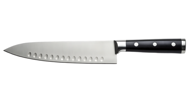 Sharp chef's knife with black handle, isolated on black background.