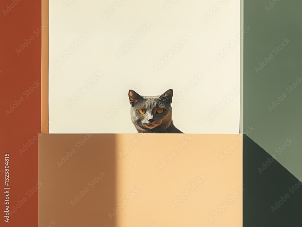 Poster playful peek: a gray cat peeks over a colored block structure, creating a minimalist, artistic compo