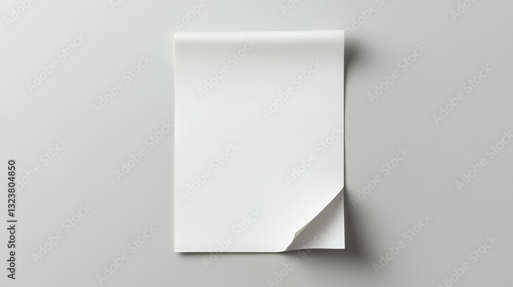 Poster close-up of a blank white paper sheet with a curled corner on a gray background, ideal for mockups a