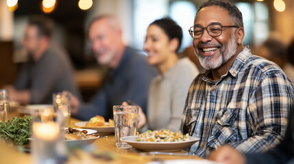 Veterans Sharing a Meal in a Warm Dining Hall with Camaraderie and Comfort