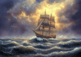 Fototapeta premium Sailing Ship Navigating Stormy Sea Romantic Art Classic Frigate Ocean Waves Dramatic Light