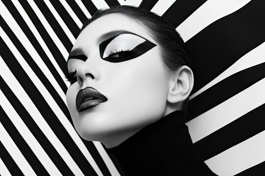 Fototapeta Eye-catching monochrome makeup featuring bold, dramatic black and white eye design. Person lying against striped background, creating an artistic and high-contrast visual effect