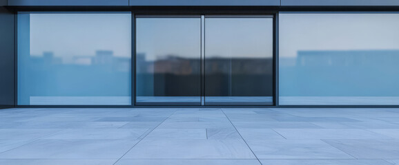 Naklejka premium Modern architectural entrance with glass doors in a city setting during daylight