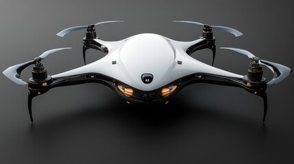 A futuristic drone in white with four spinning propellers shown