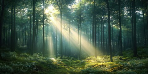 Obraz premium spring forest sunlight view vibrant greenery peaceful scene blooming wildlife