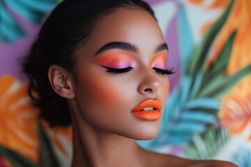 Close-up of a Hispanic woman applying vibrant eyeshadow and bright lipstick while keeping eyes closed, blending makeup with detailed precision without looking at mirror