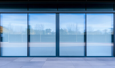 Naklejka premium Modern building facade with reflective glass windows capturing the serene outdoor landscape