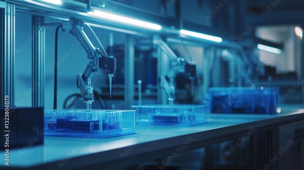 Poster a futuristic factory using biomimicry-inspired robotic automation.