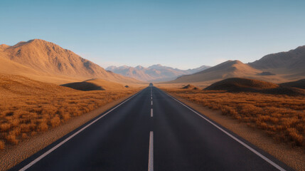 scenic road stretches through vast desert landscape, surrounded by mountains and golden grasslands, evoking sense of adventure and tranquility