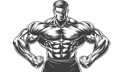 Obraz premium Muscular bodybuilder posing with clenched fists, strong man linear icons set, vector, flat.