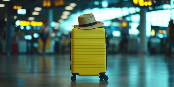 Jet-Set Ready: A bright yellow suitcase, topped with a stylish hat, stands poised in an airport terminal, capturing the essence of travel and adventure.