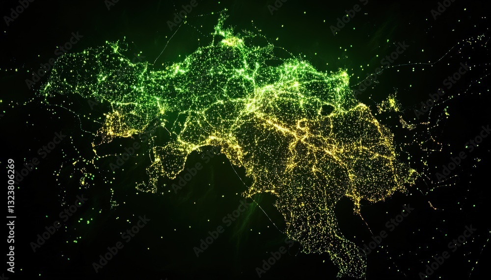 Poster abstract network map with vibrant green and yellow lights on black background representing data conn