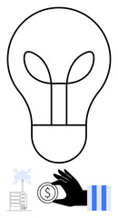 Lightbulb outline suggesting ideas, hand holding coin for funding, wind turbine, data server. Ideal for sustainability, clean energy, eco-investments, technology, innovation brainstorming renewable