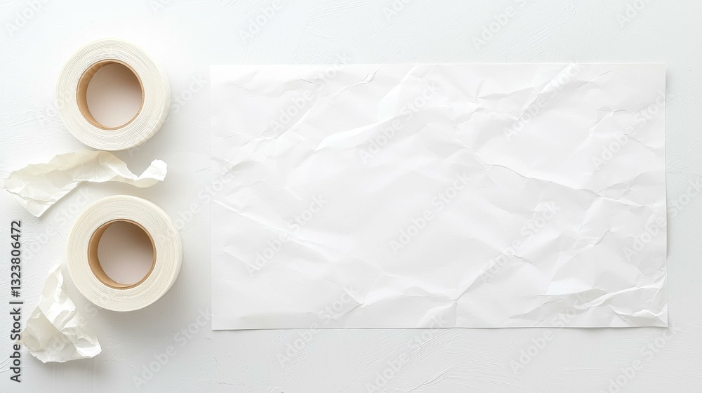 Poster crumpled white paper sheet with two rolls of tape on a clean surface, ideal for design concepts.