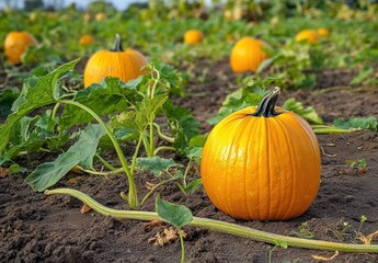 Autumn Pumpkin Field with Ripe Gourds and Vibrant Foliage on Sunny Day