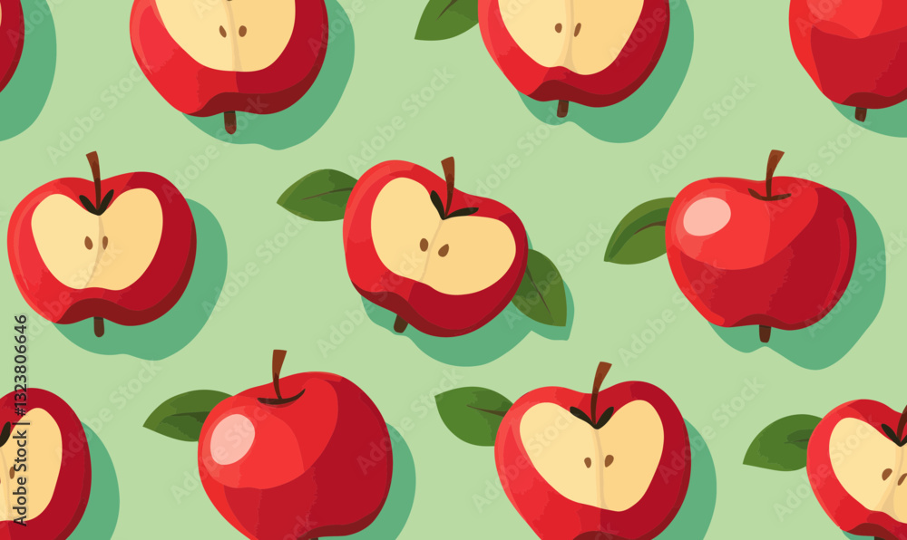 Poster minimalist red apple pattern on green background, flat svg vector for design projects