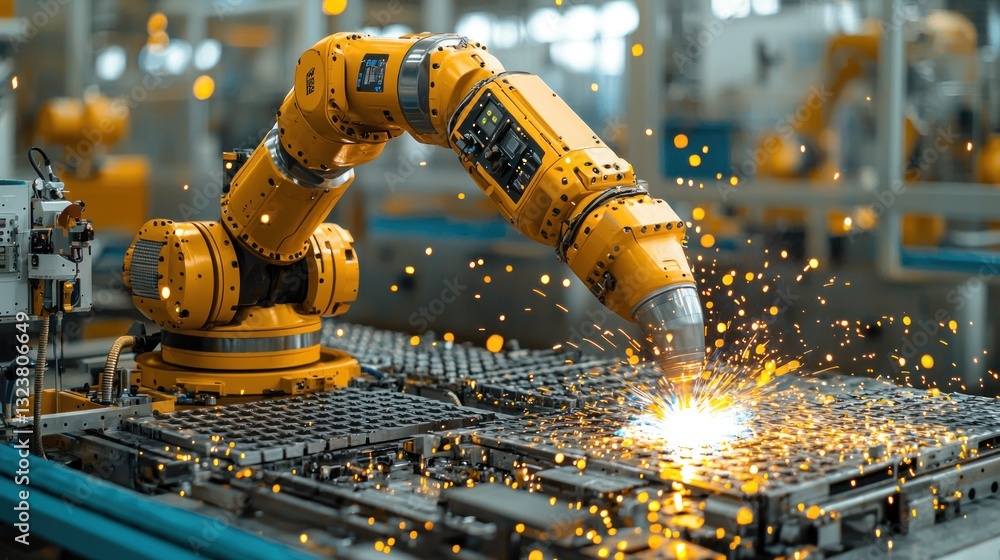 Poster automated robotic arm welding with precision in advanced industrial setting