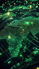 Cyber World Map: A detailed depiction of the world map rendered with interconnected glowing circuits and data streams, set against a deep background.