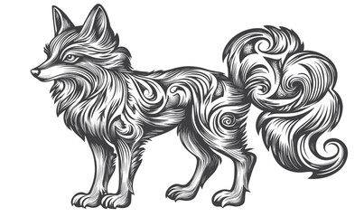 Intricate stylized fox with feathery tail in flat design - vector icons set.