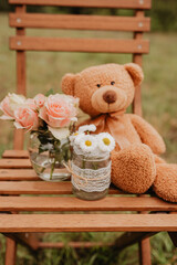 Teddy sitzt auf Holzstuhl mit Rosen und Gänseblümchen auf einer Wiese - Geburtstag, Freude, Liebe