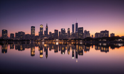 Fototapeta premium Dramatic urban skyline reflected in perfectly still water, twilight colors of deep purple, orange, and indigo, long exposure effect smoothing water and sky