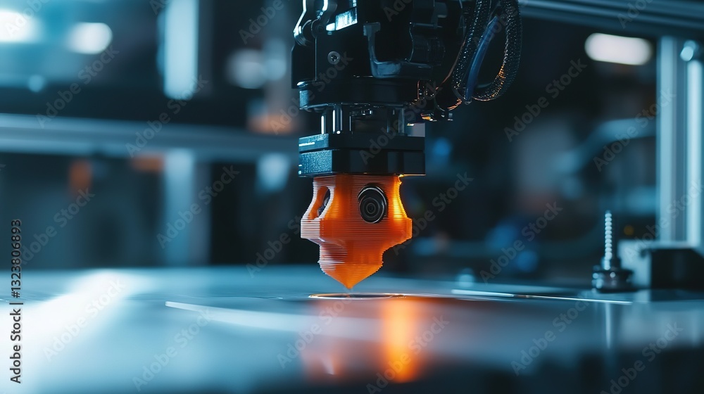 Poster a futuristic factory utilizing 3d-printed robotic arms for precision work.