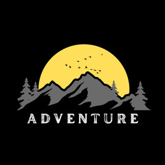 Inspiring adventure landscape with mountains, trees, birds and warm sun