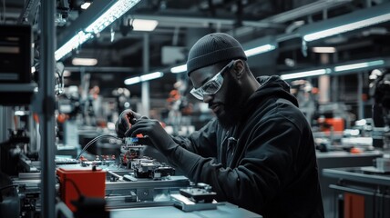Obraz premium A technician calibrating sensors on an autonomous production line, high-tech factory