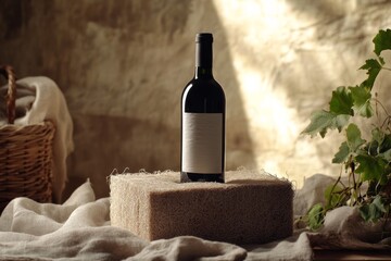 Wine bottle with mycelium packaging stands on fungus block, showcasing eco-friendly, compostable design. Mycelium solution reduces carbon footprint, offering zero plastic and sustainable approach