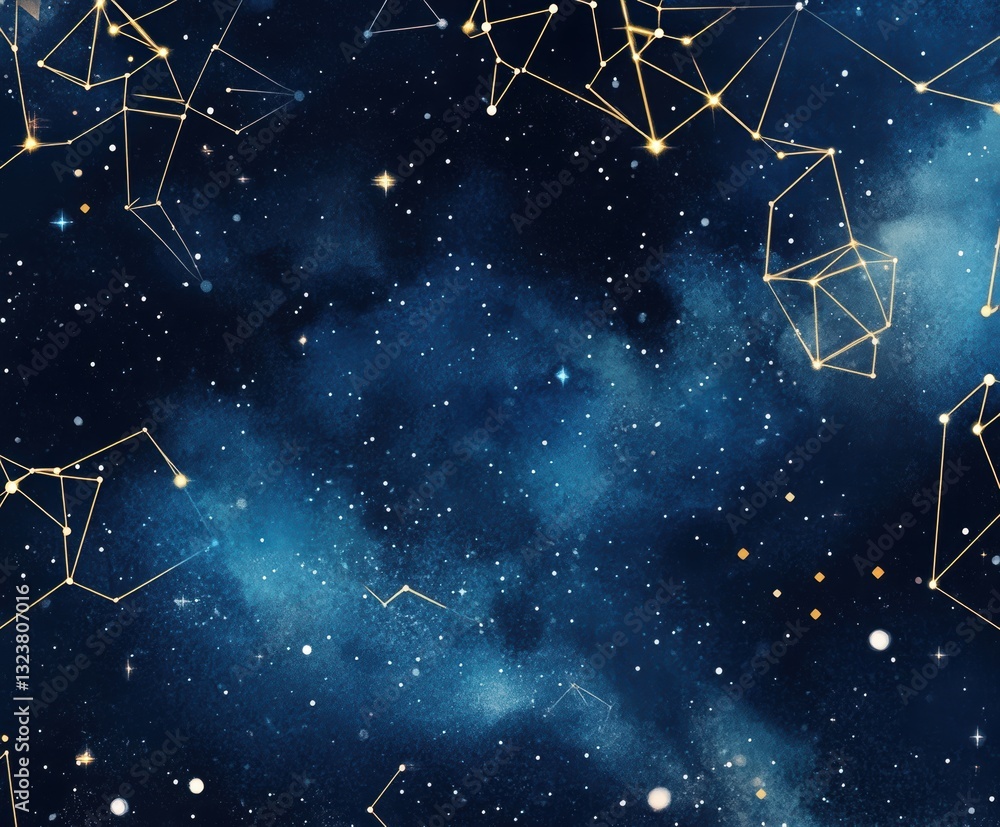Poster cosmic symphony: captivating image of a vibrant nebula and connecting golden constellations against 