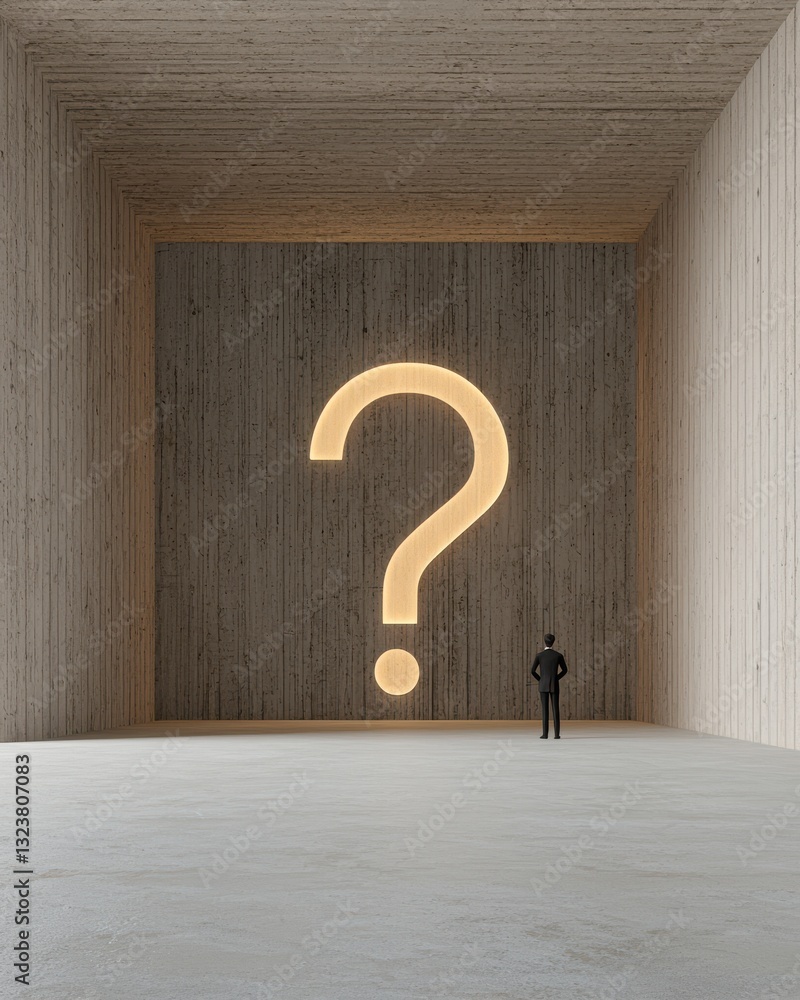 Poster contemplative figure in minimalist room with illuminated question mark symbolizing uncertainty and e