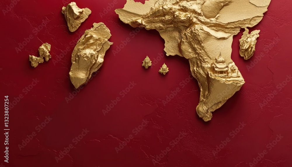 Poster abstract golden world map fragments against a textured red background with small light reflections