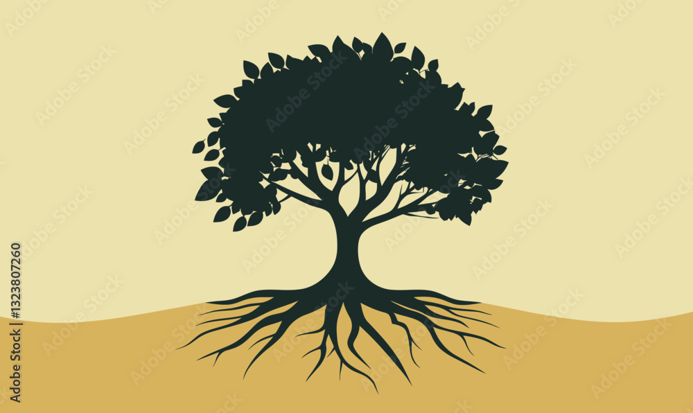 Poster strong tree with roots symbolizing growth and foundation in minimalist vector art