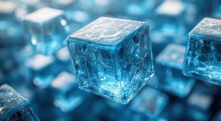 Dynamic Rise of Blue Translucent Cubes in Minimalist Data Intelligence Art