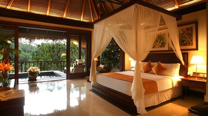 Luxurious tropical bedroom suite with balcony overlooking pool. Use for tourism advertising