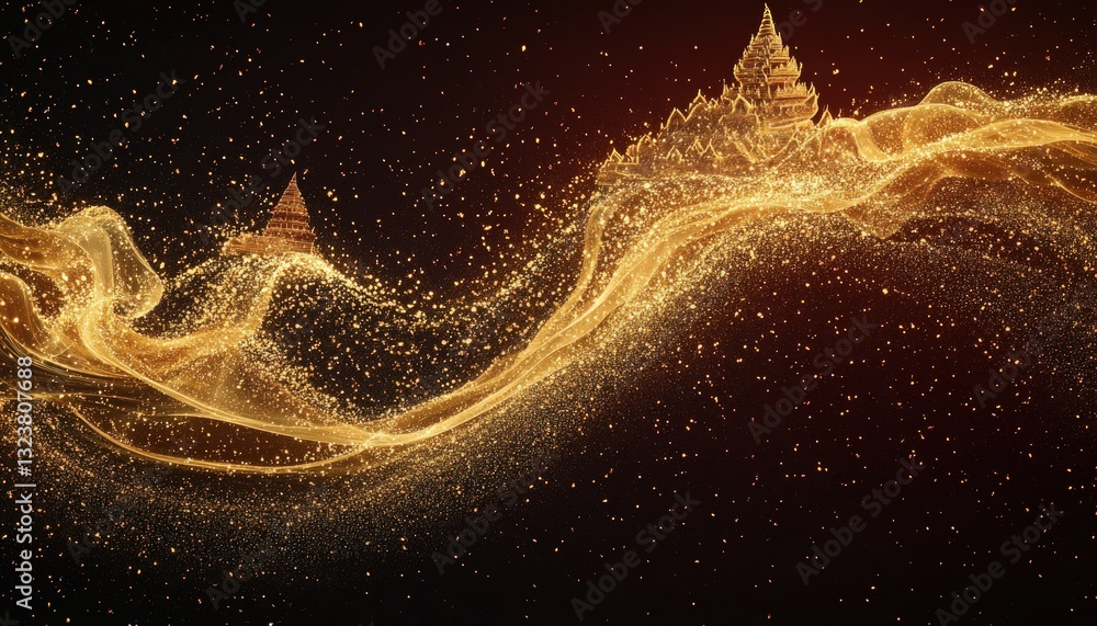 Poster golden particles flowing with abstract christmas tree shapes on a dark red background creating a fes