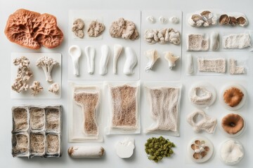 Variety of mushroom-based packaging samples in flat lay, revealing different mycelium shapes and spongy textures. Variety approach highlights waste reduction and modern eco innovation