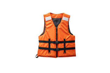 A bright orange life vest with dual black buckles, a breathable mesh lining, and reflective patches, emphasizing security and high visibility, isolated on a transparent background