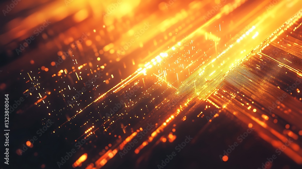 Poster golden circuit board technology: abstract electronic network with glowing lines and data flow illust