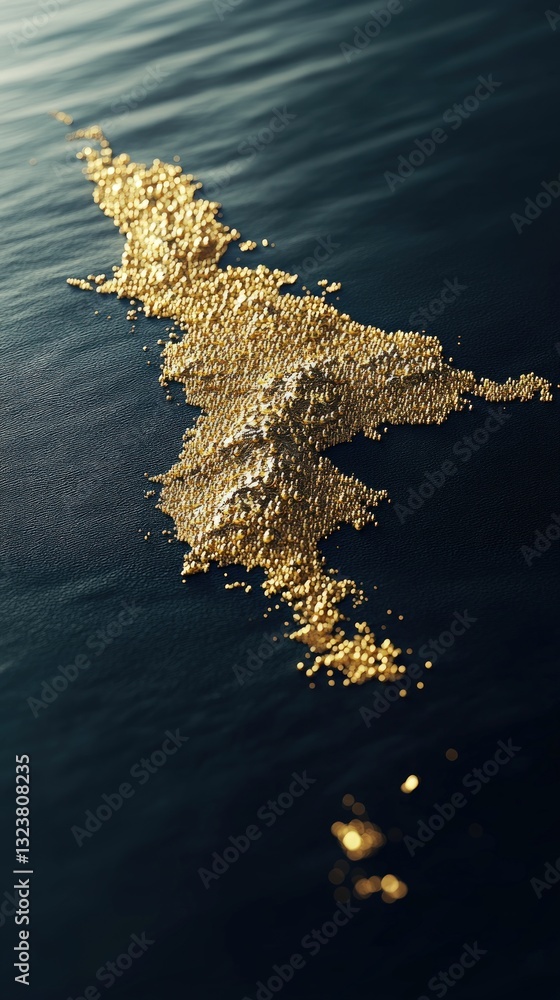 Poster Abstract macro shot with gold glitter stream over dark blue surface creating flowing pattern emphasizing texture and reflection with blurred bokeh elements