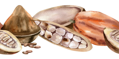 Cocoa beans and powder watercolor seamless border. Hand drawn banner with brown cocoa pod,fresh and dried beans illustration for product packing, textile,fabric design