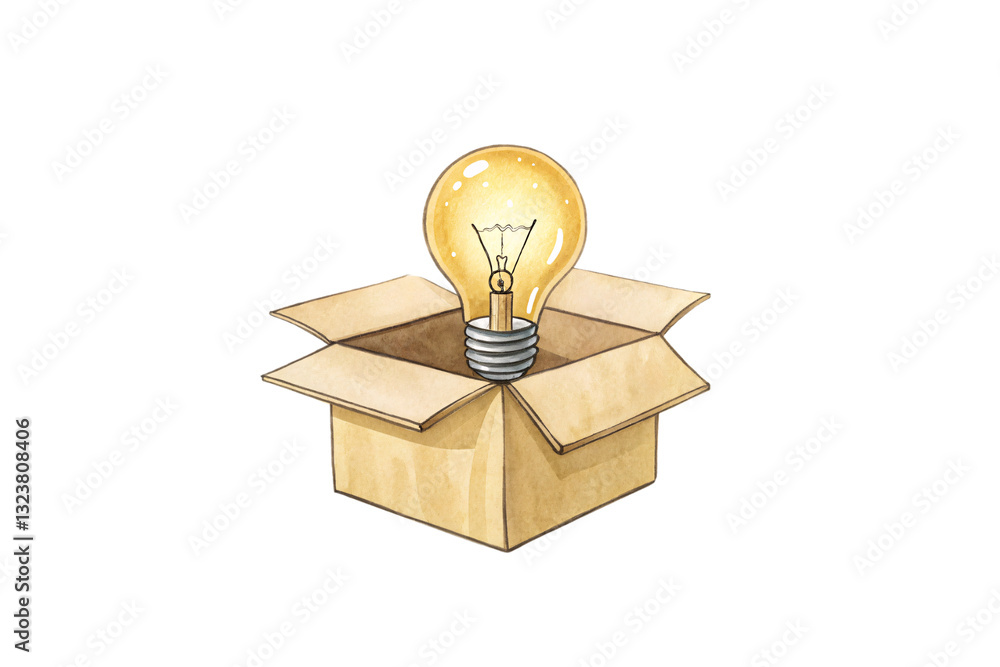 Poster a hand-drawn watercolor-style image of a light bulb sitting in an open box. the sketched lines and s